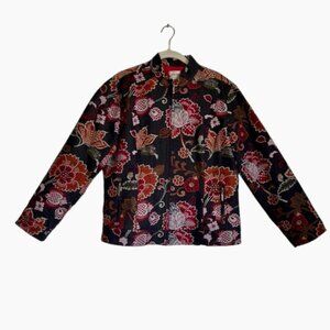 Chico's Full Zip Multicolor Floral Long Sleeve Jacket in Dk Gray -  Size 2 (L)